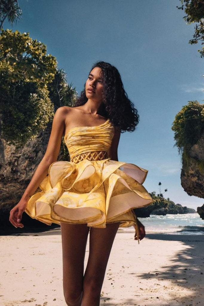 GAIL YELLOW FLORAL PRINTED ONE-SHOULDER MINI CHIFFON DRESS - Stylish yellow dress for special occasions | Buy Online