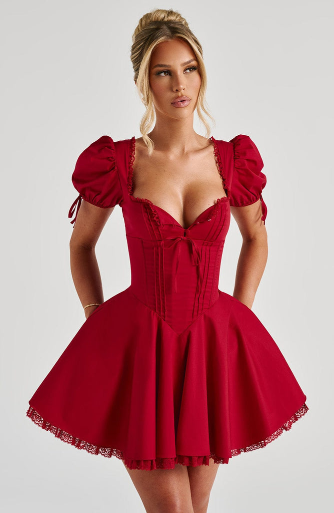 Stylish red dress | nicole lace trim Mini Dress - Red - Ideal for special occasions
