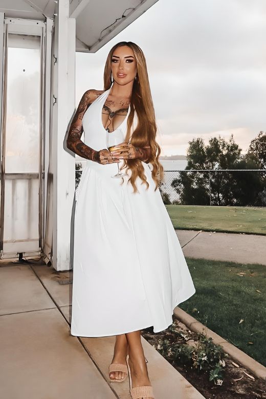 Austen Bodycon Midi Dress - White Pearl - Stylish white dress for special occasions | Buy Online