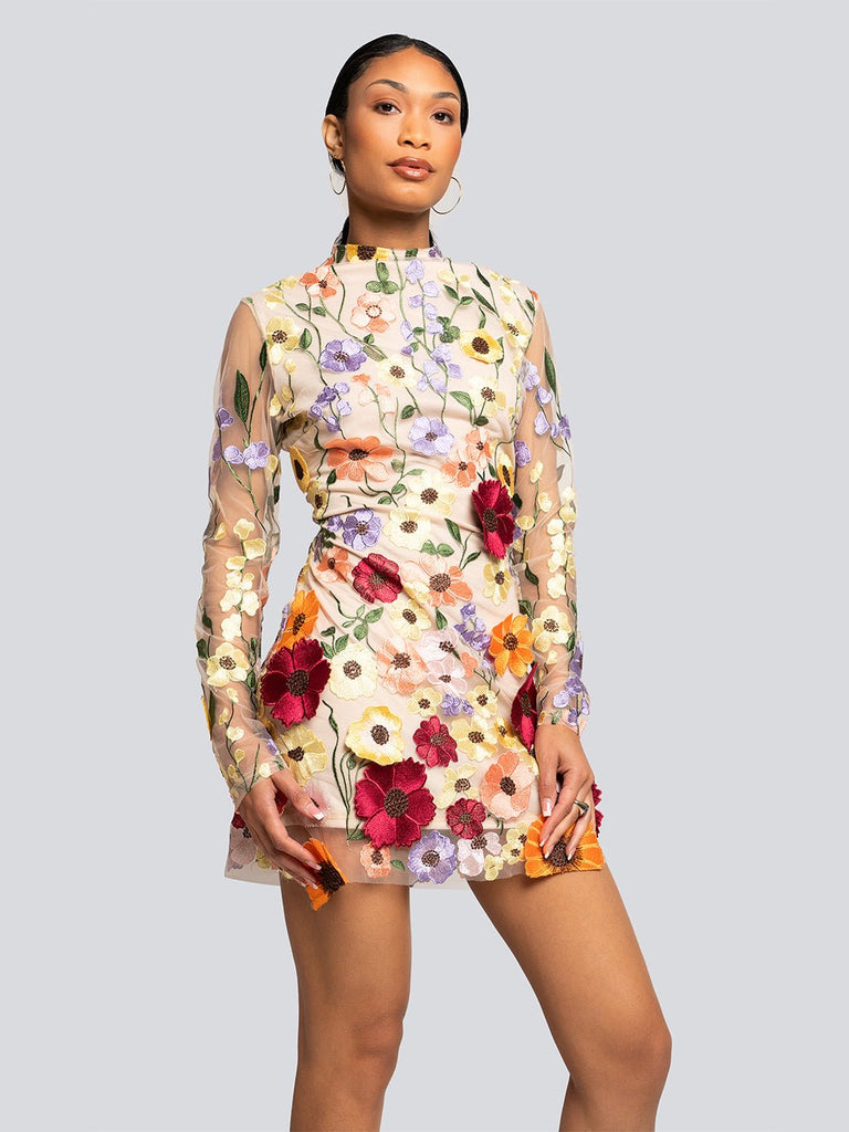 Avery Sheer Floral Embroidered Open Back Mini Dress - Stylish red dress for special occasions | Buy Online