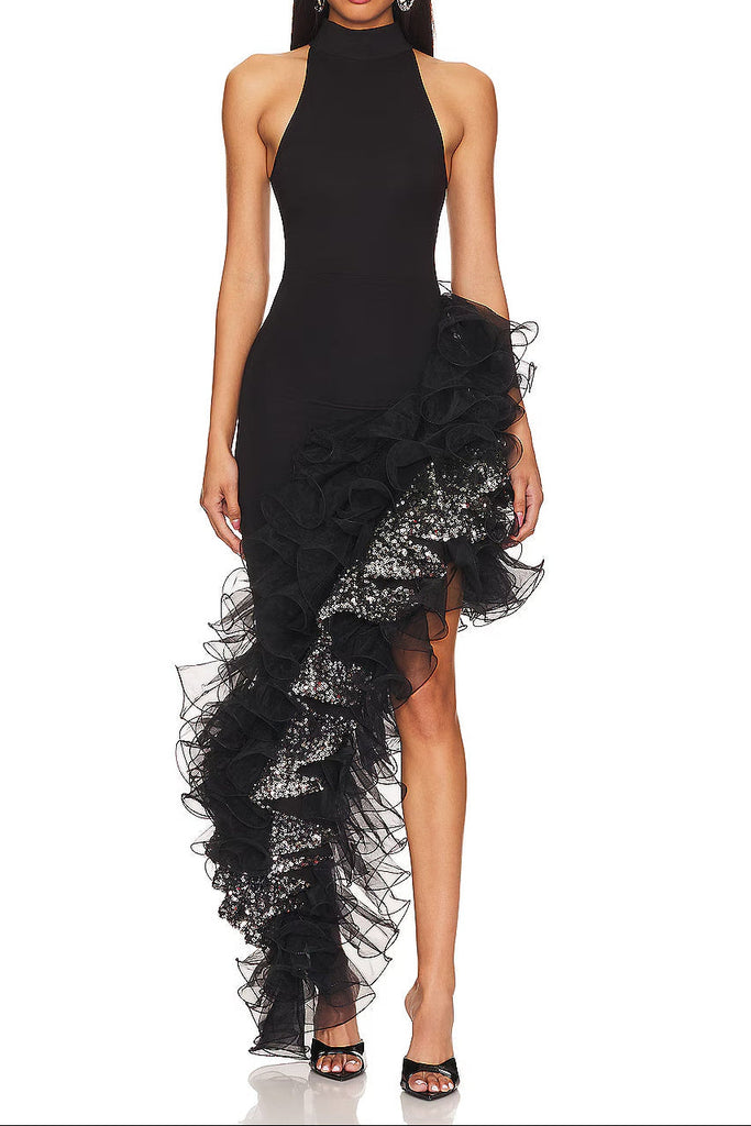 Stylish black dress | gwendolyn halter sleeveless Sequin Ruffle trim maxi dress in black - Ideal for special occasions