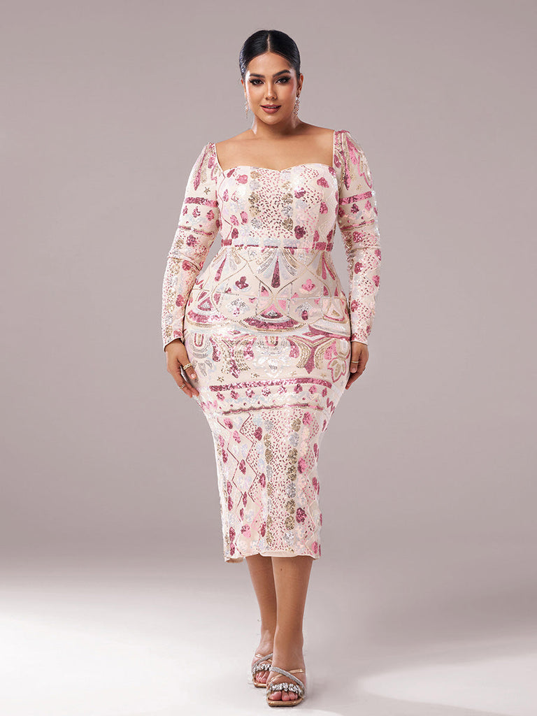 Stylish beautiful dress | Square Neck Long Sleeve Split Sequin Dress - Ideal for special occasions