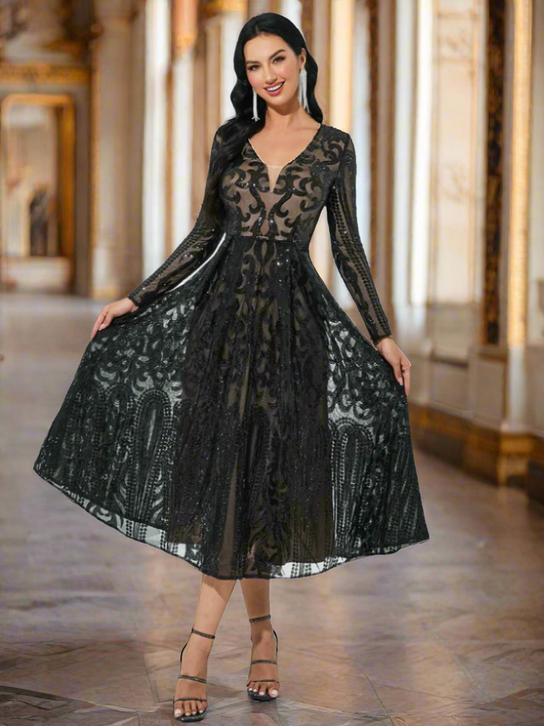 Stylish black dress | A-Line Tulle Black Midi Dress - Ideal for special occasions