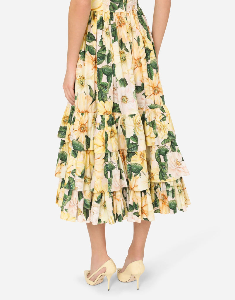 Camellia-print poplin midi dress in yellow - Stylish yellow dress for special occasions | Buy Online