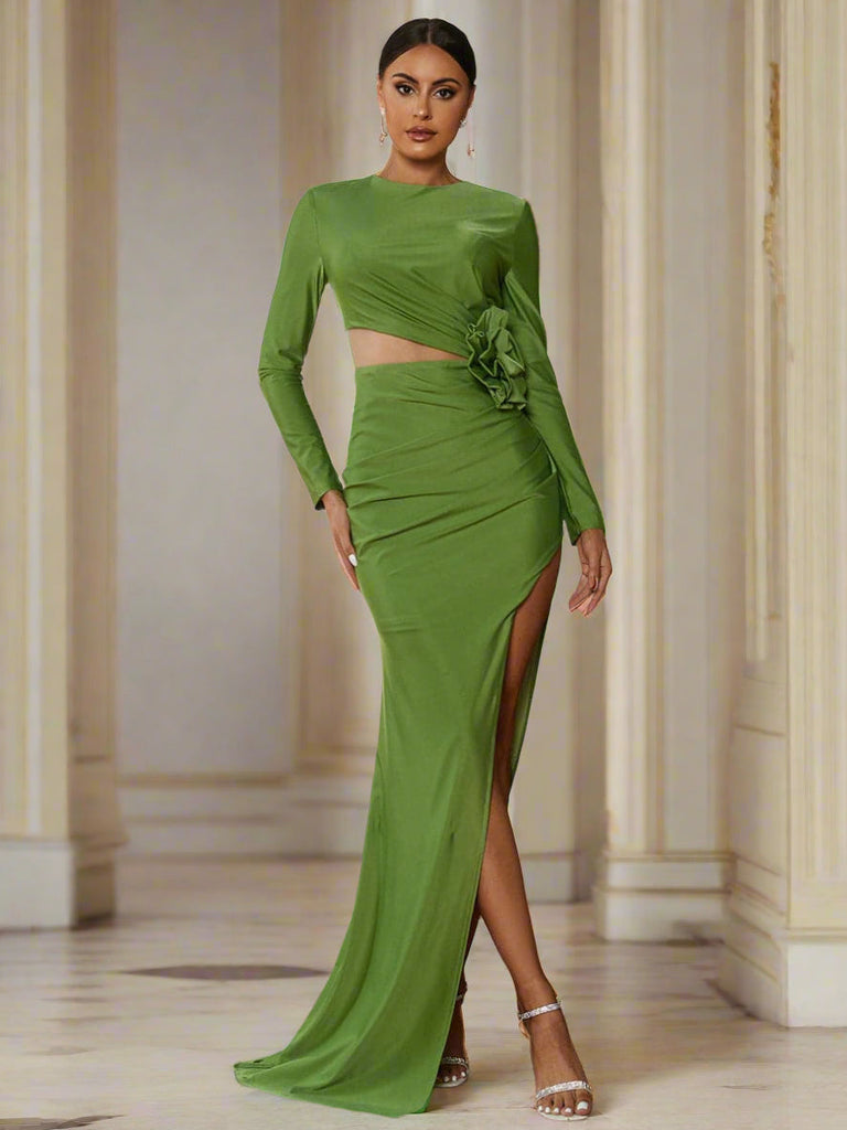Shop  green dress - Perfect for special occasions | Cutout Long Sleeve Slit Maxi Green Prom Dress