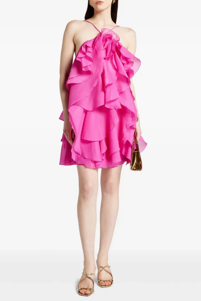 Shop  red dress - Perfect for special occasions | Caysie Halter Floral Ruffle Layered Mini Dress - Fuchsia