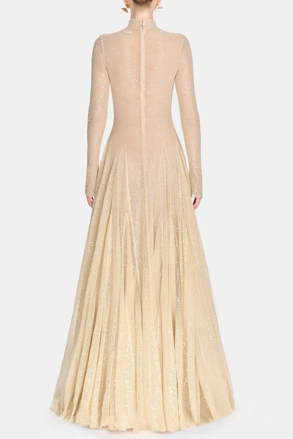 sabrina Beige mesh long sleeve slim maxi dress
