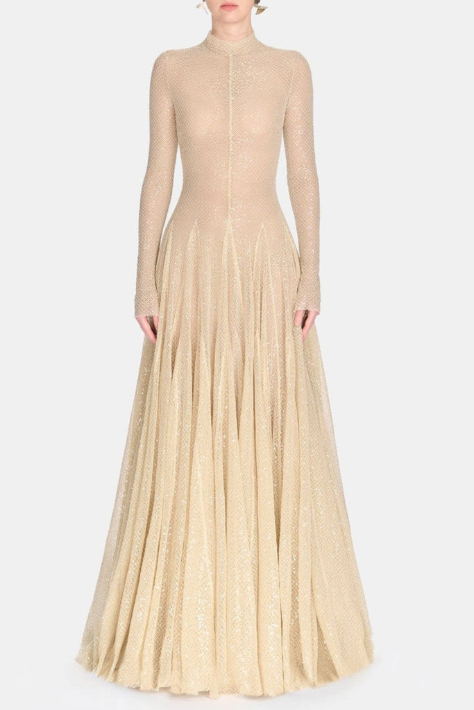 Stylish beige dress | sabrina Beige mesh long sleeve slim maxi dress - Ideal for special occasions