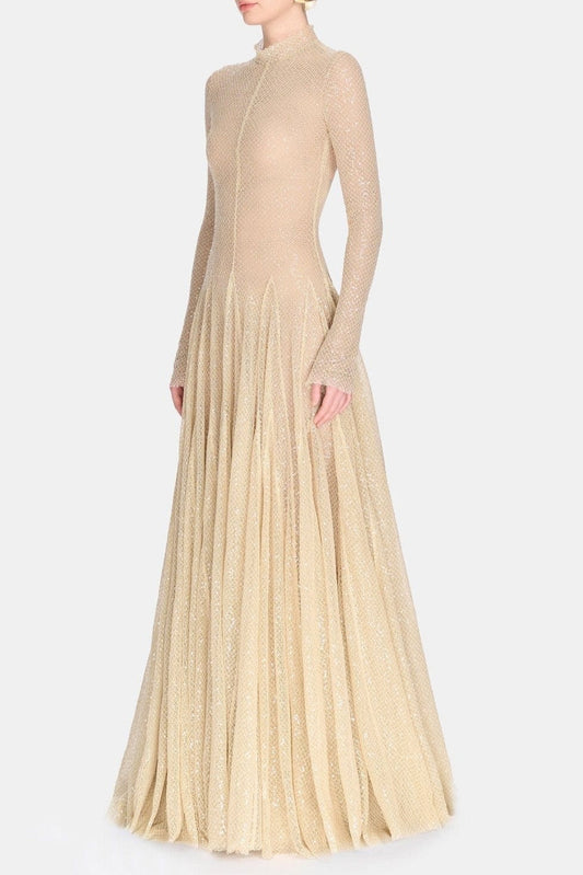 sabrina Beige mesh long sleeve slim maxi dress