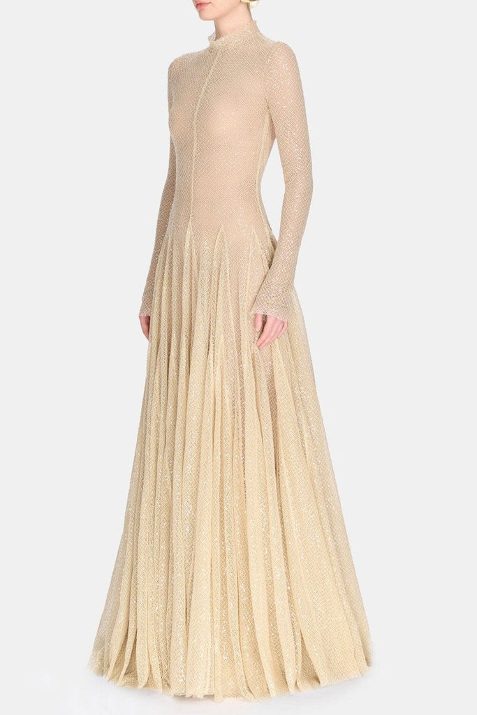 Stylish beige dress | sabrina Beige mesh long sleeve slim maxi dress - Ideal for special occasions