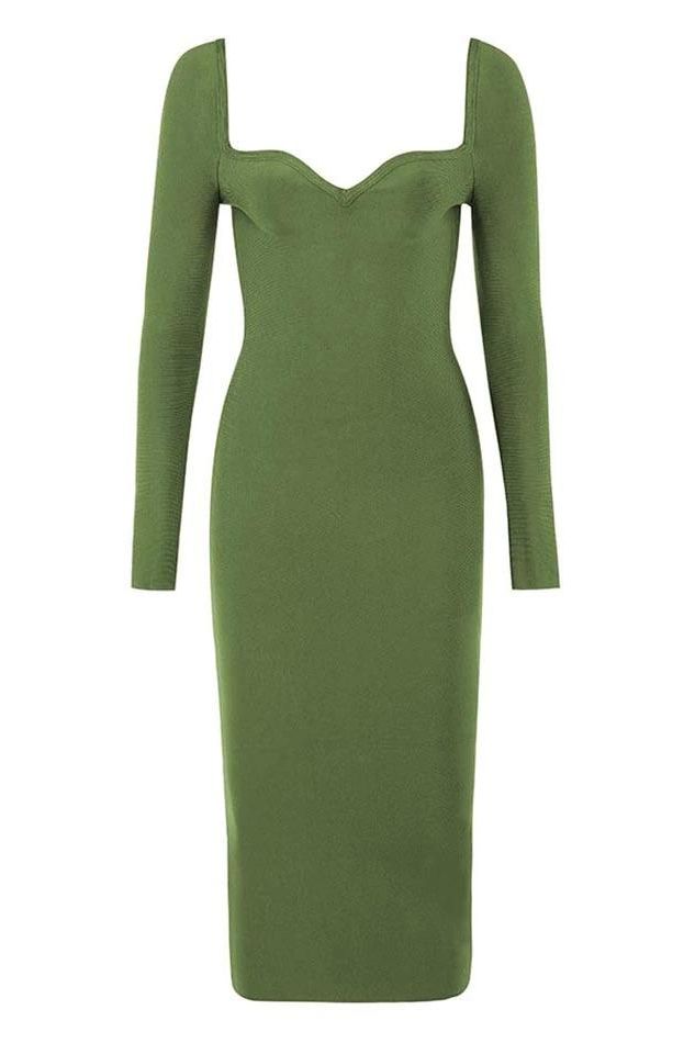 Blanche Long Sleeve Bandage Midi Dress - Olive Green - Stylish green dress for special occasions | Buy Online