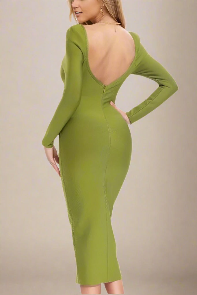 Blanche Long Sleeve Bandage Midi Dress - Olive Green - Stylish green dress for special occasions | Buy Online