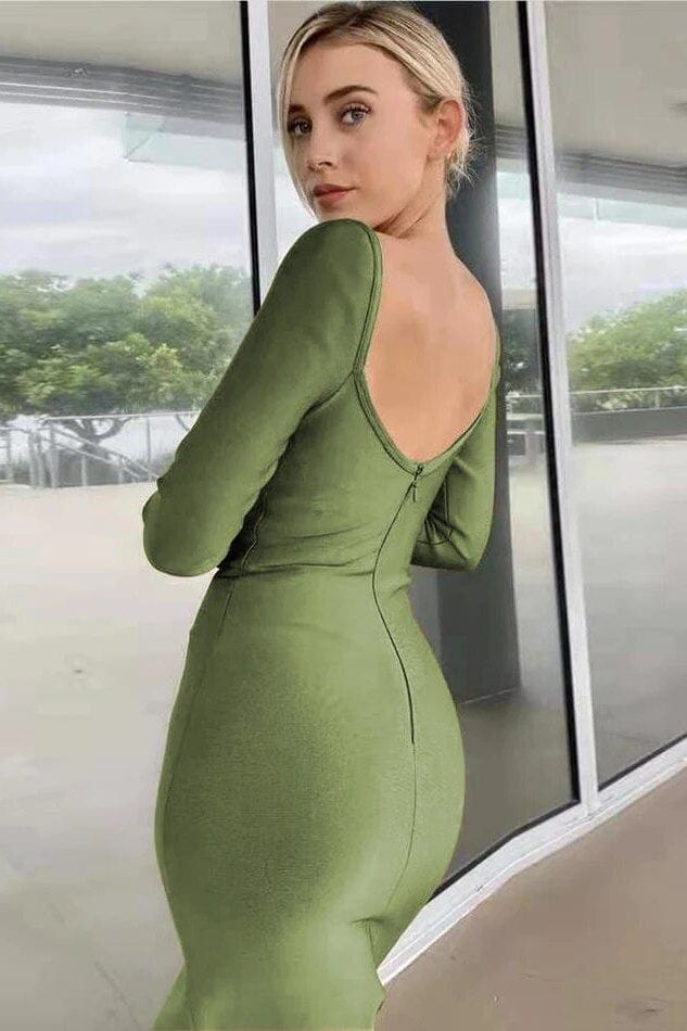 Blanche Long Sleeve Bandage Midi Dress - Olive Green - Stylish green dress for special occasions | Buy Online