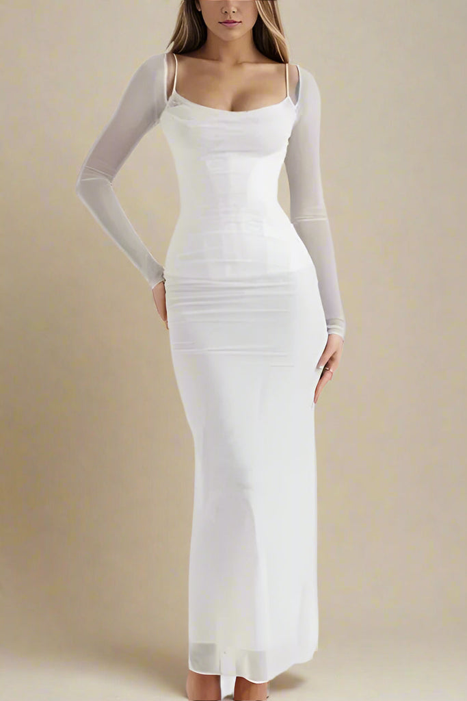 Stylish white dress | Brianna Bodycon Long Sleeve Maxi Dress - White Pearl - Ideal for special occasions