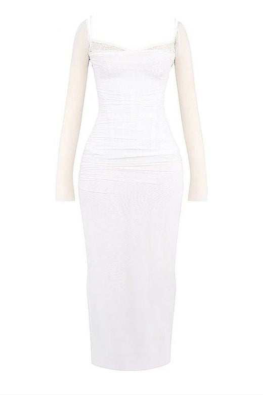 Brianna Bodycon Long Sleeve Maxi Dress - White Pearl - Stylish white dress for special occasions | Buy Online