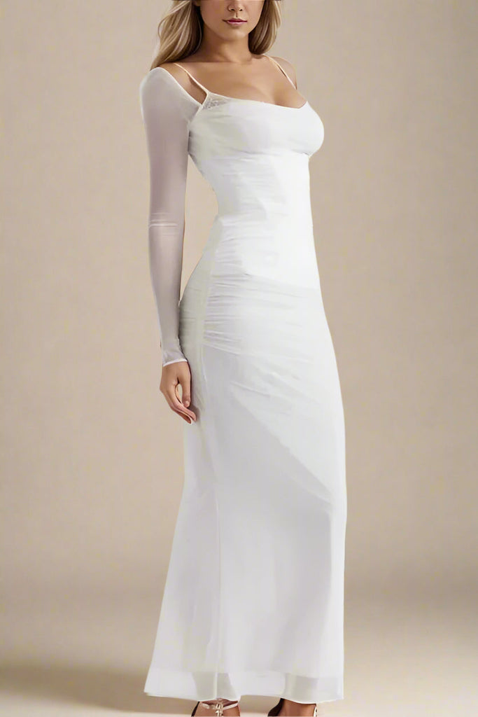 Stylish white dress | Brianna Bodycon Long Sleeve Maxi Dress - White Pearl - Ideal for special occasions