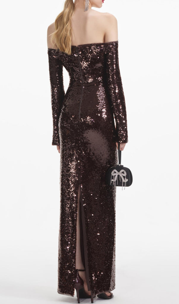 Stylish brown dress | long sleeve sequin maxi dress in brown - Ideal for special occasions