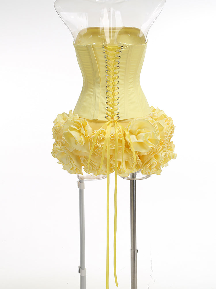 Shop  yellow mini - Perfect for special occasions | samantha flower embellished mini skirt corset set in yellow