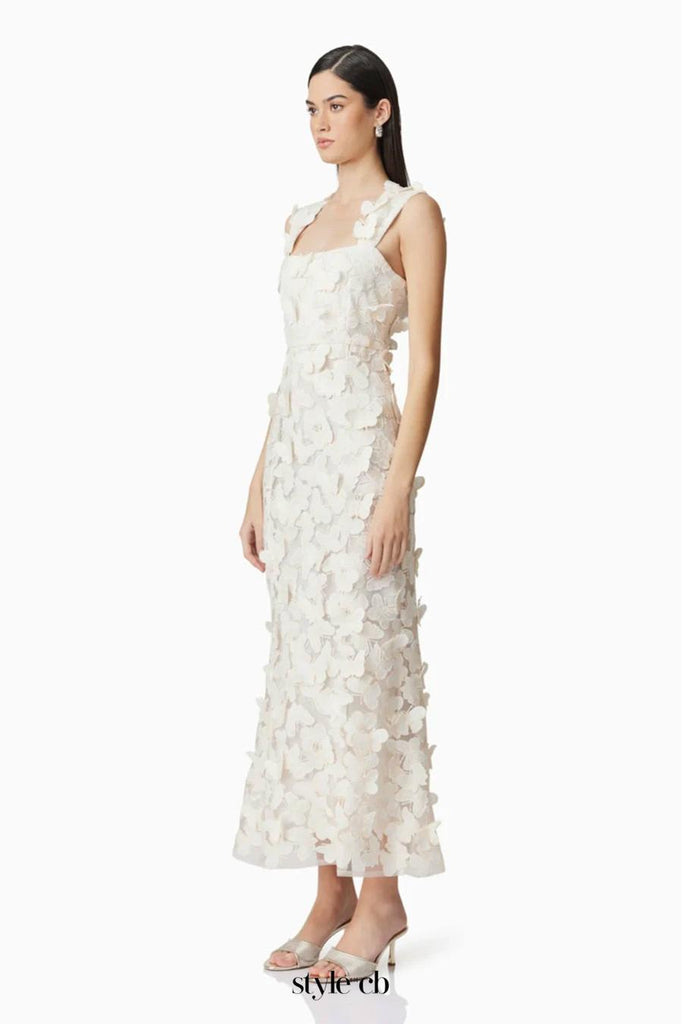 square neckline 3D flower embroidery Gown in White - Stylish white gown for special occasions | Buy Online