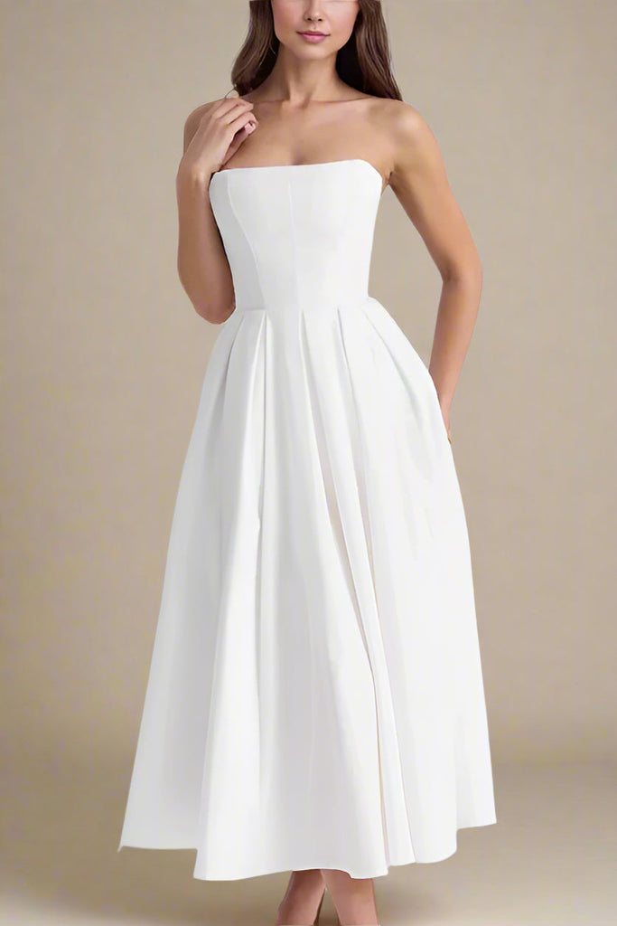 Stylish white dress | Capri Strapless Midi Dress - White Pearl - Ideal for special occasions