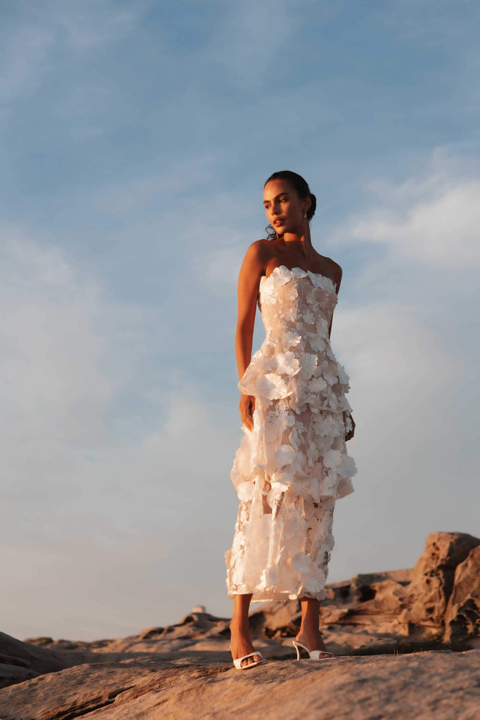 Selene 3D flower Tiered Maxi Dress In White - Stylish red dress for special occasions | Buy Online