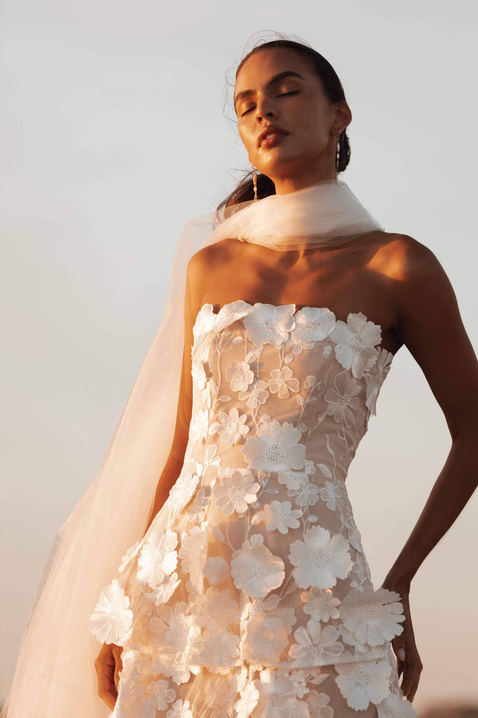 Selene 3D flower Tiered Maxi Dress In White - Stylish red dress for special occasions | Buy Online