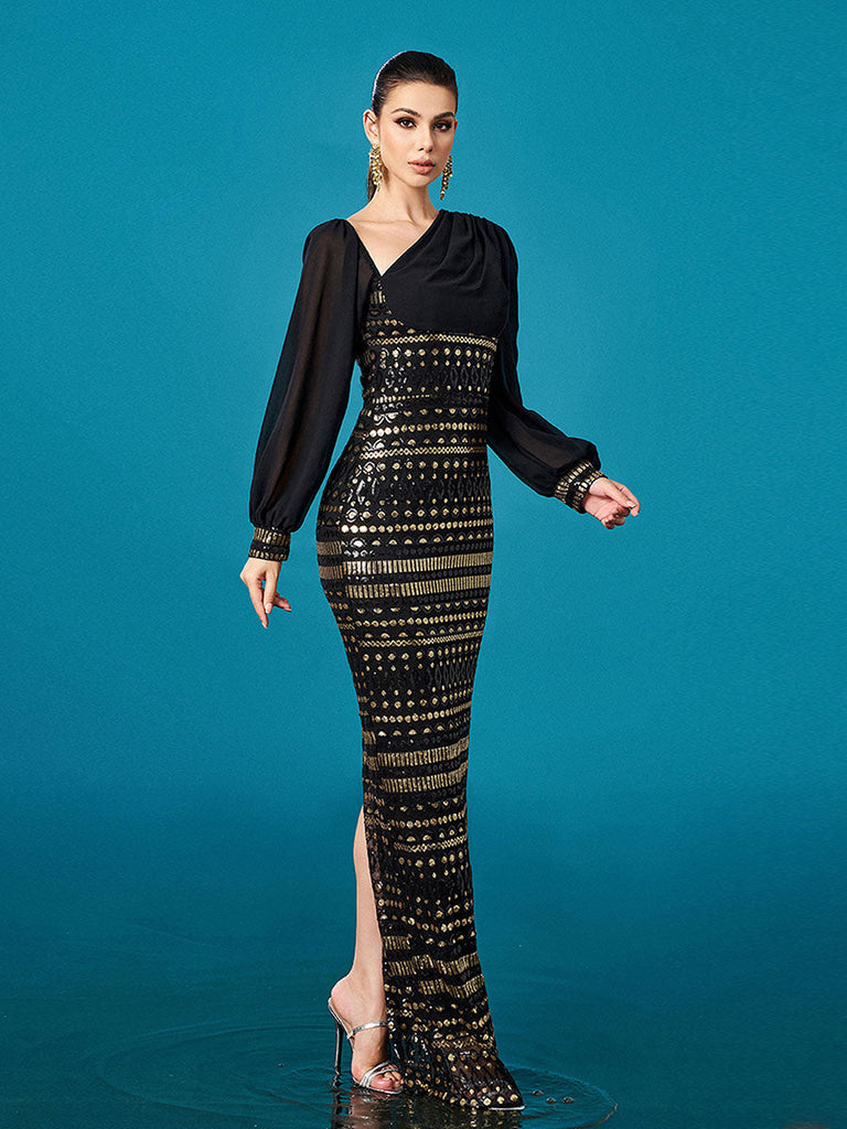 Stylish black dress | Black Long Sleeve Cutout Sheath Sequin Dress - Ideal for special occasions