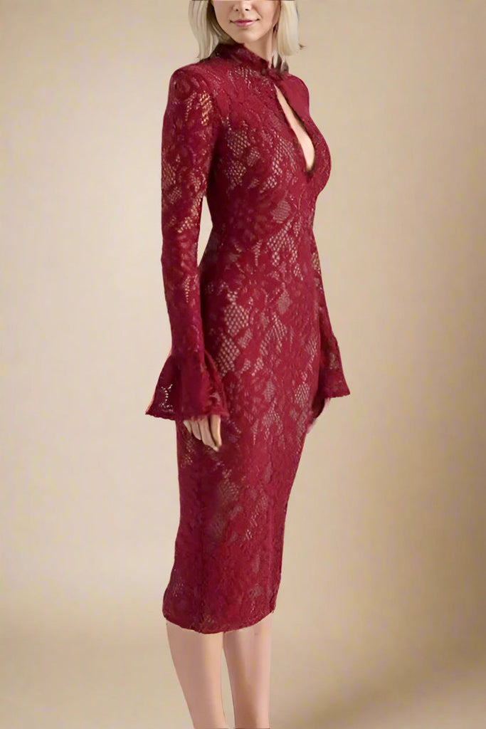 Stylish red dress | Charlotte Long Sleeve Bodycon Midi Dress - Chilli Red - Ideal for special occasions