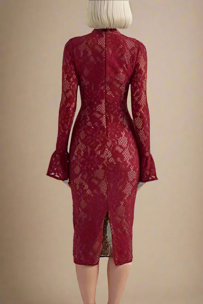 Stylish red dress | Charlotte Long Sleeve Bodycon Midi Dress - Chilli Red - Ideal for special occasions