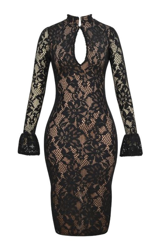 Charlotte Long Sleeve Bodycon Midi Dress - Classic Black - Stylish black dress for special occasions | Buy Online