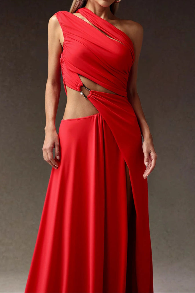 florence High Slit Hollowed-out Maxi Dress in red - Stylish red dress for special occasions | Buy Online
