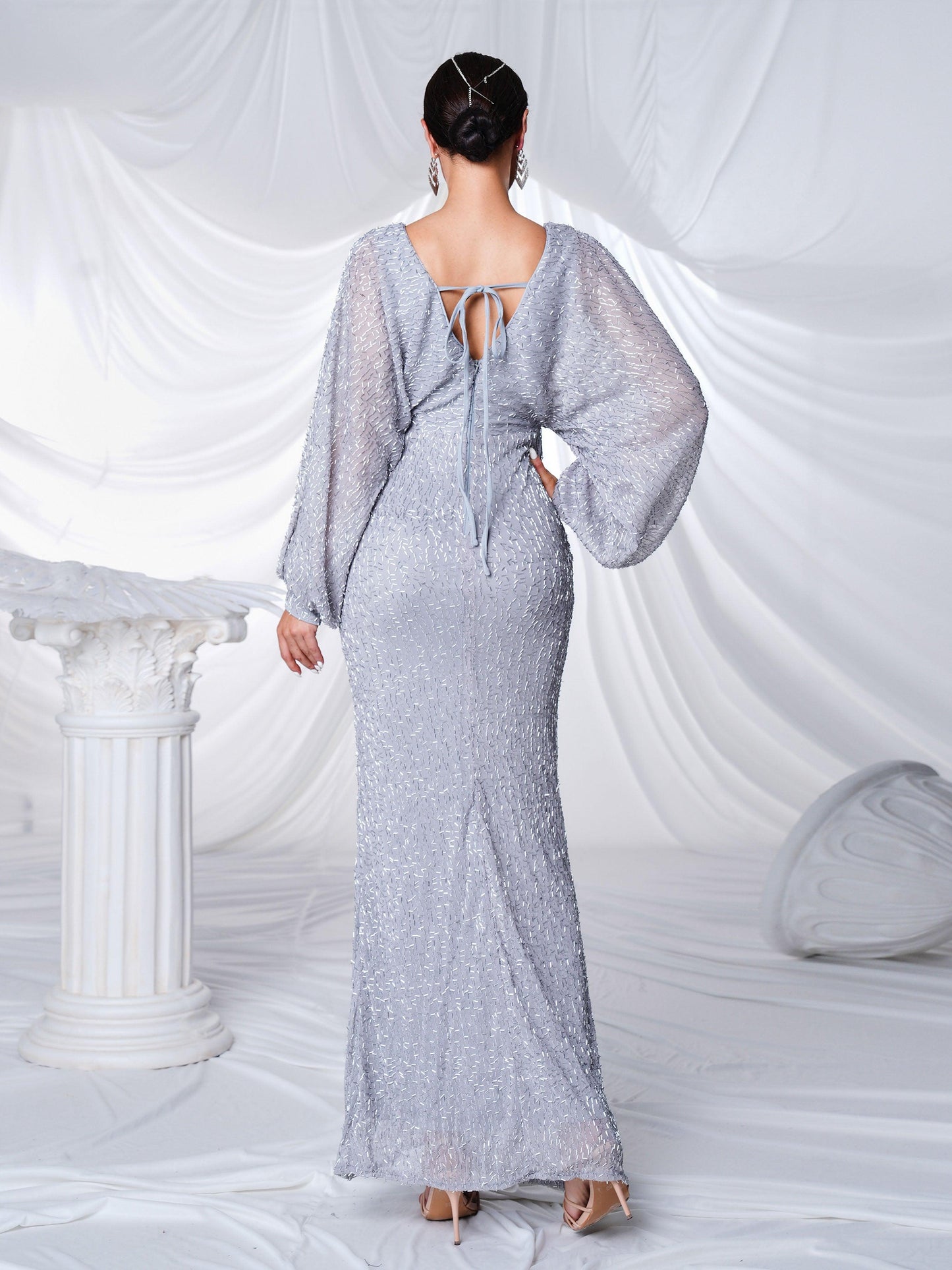 V-Neck Backless Split Sequin Maxi Dress