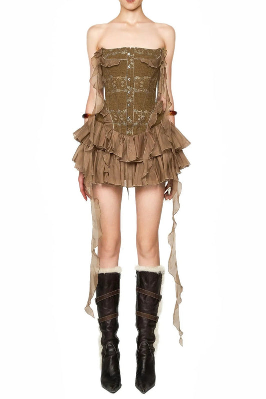 sherry ruffle trim fish bones mini dress in brown