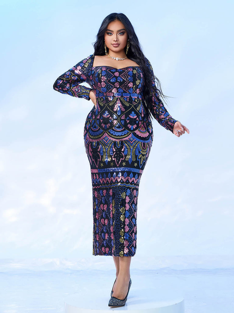 Stylish beautiful dress | Square Neck Long Sleeve Split Sequin Dress - Ideal for special occasions