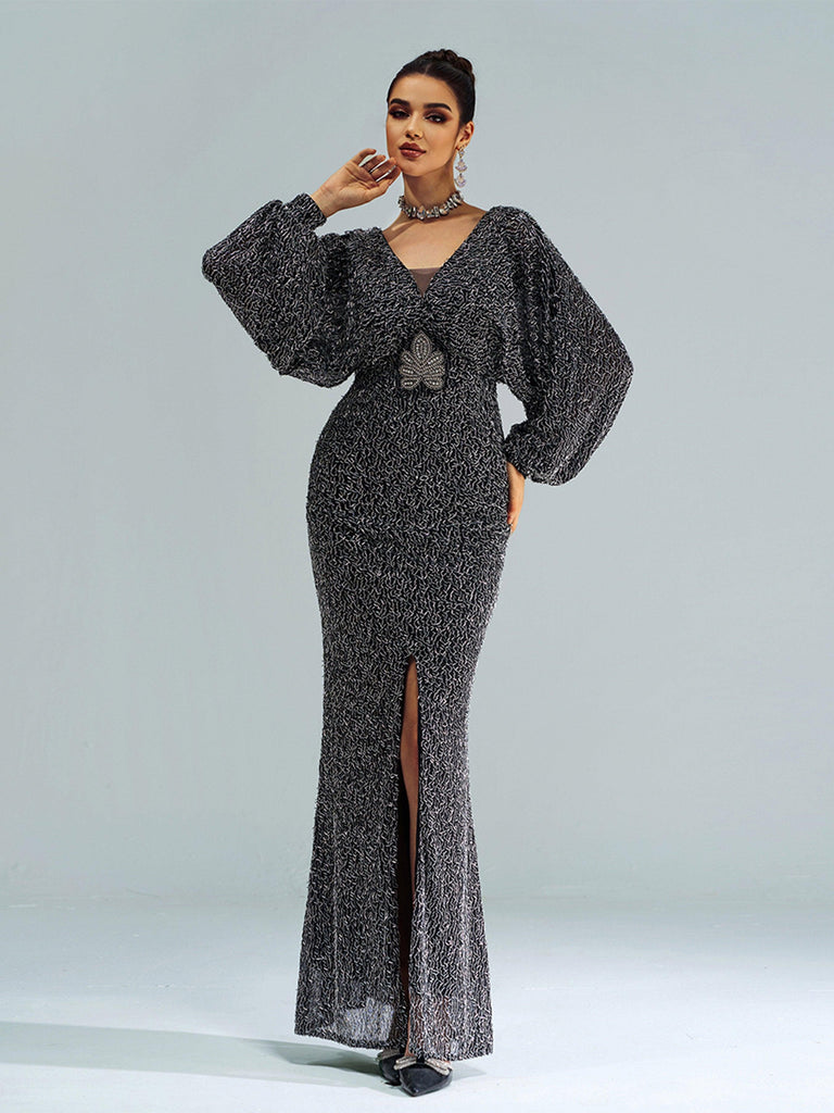 V-Neck Backless Split Sequin Maxi Dress - Stylish beautiful dress for special occasions | Buy Online