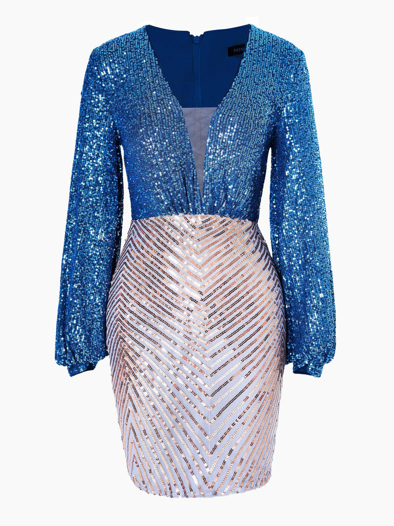 Deep V-Neck Sequin Blue Mini Dress - Stylish blue dress for special occasions | Buy Online