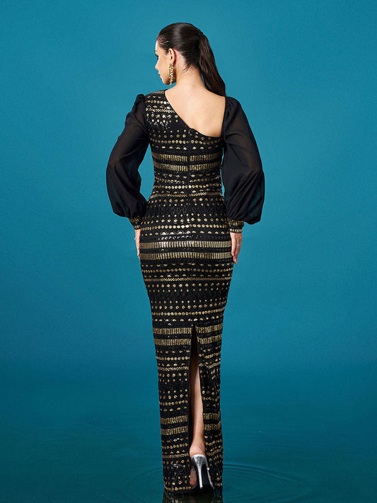 Black Long Sleeve Cutout Sheath Sequin Dress