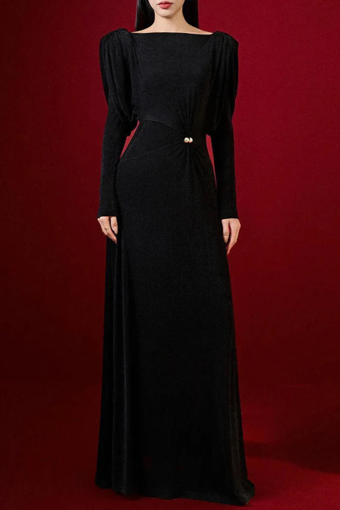 Stylish black dress | beryl pleated Knitted Fabric Maxi Dress in black - Ideal for special occasions