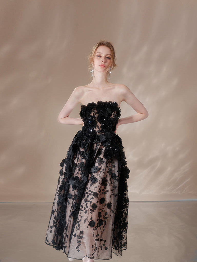 Stylish black dress | roxanne crystal floral embroidery midi dress in black - Ideal for special occasions