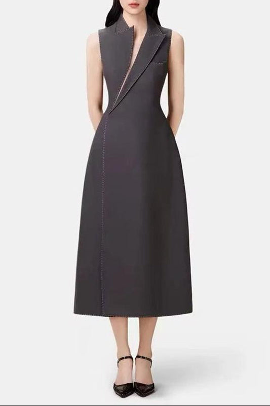 lindsay asymmetric collar blazer midi dress in grey
