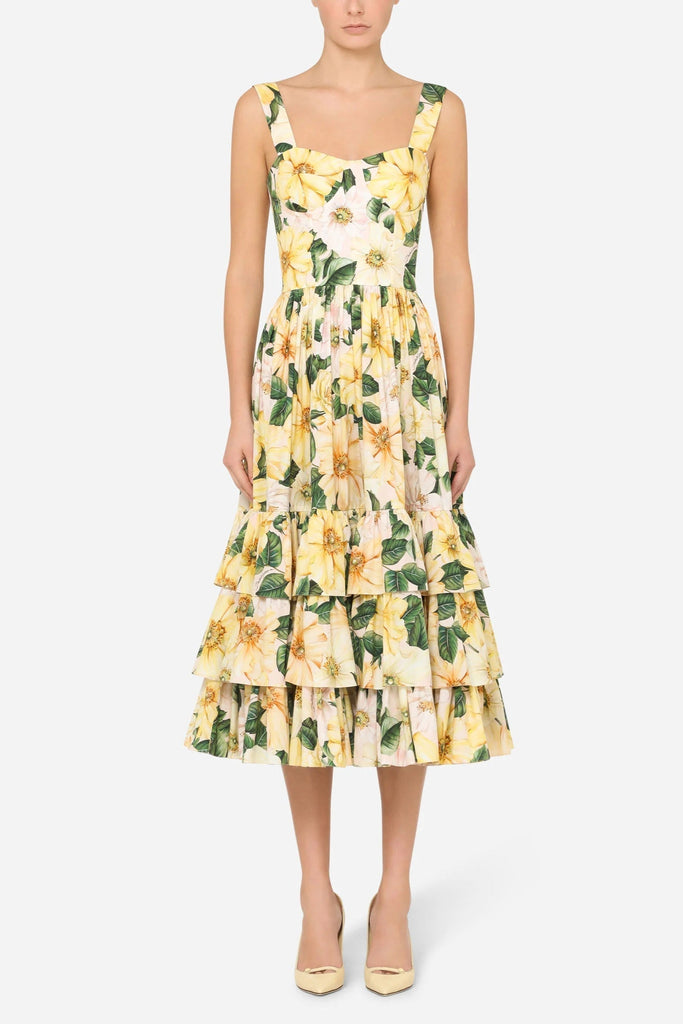 Camellia-print poplin midi dress in yellow - Stylish yellow dress for special occasions | Buy Online