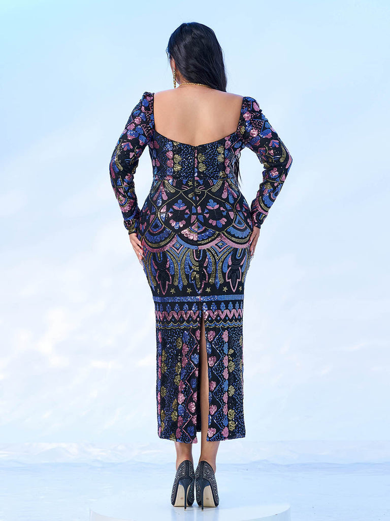 Stylish beautiful dress | Square Neck Long Sleeve Split Sequin Dress - Ideal for special occasions