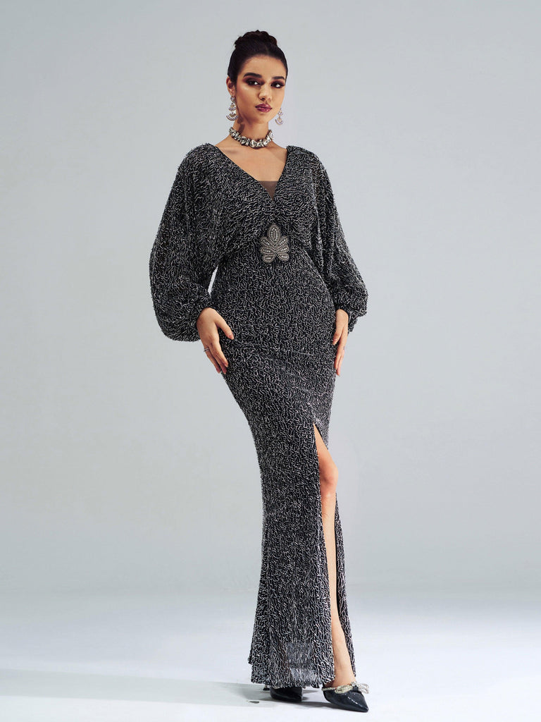 Stylish beautiful dress | V-Neck Backless Split Sequin Maxi Dress - Ideal for special occasions