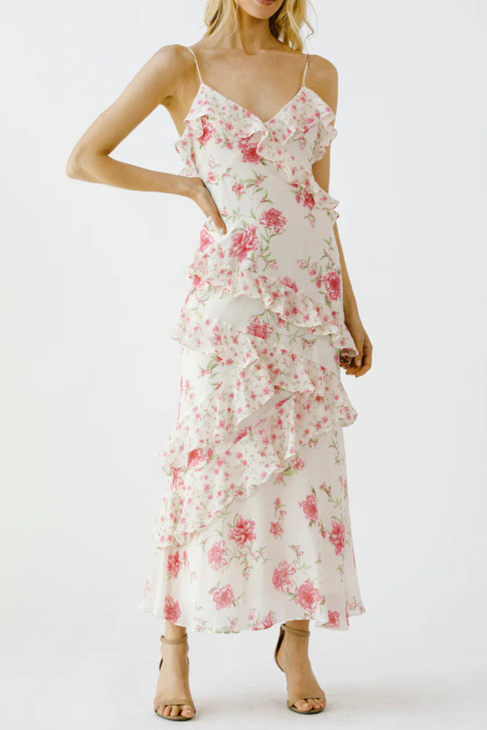 Floral Ruffle Tiered Maxi Dress - Pink & Ivory - Stylish red dress for special occasions | Buy Online