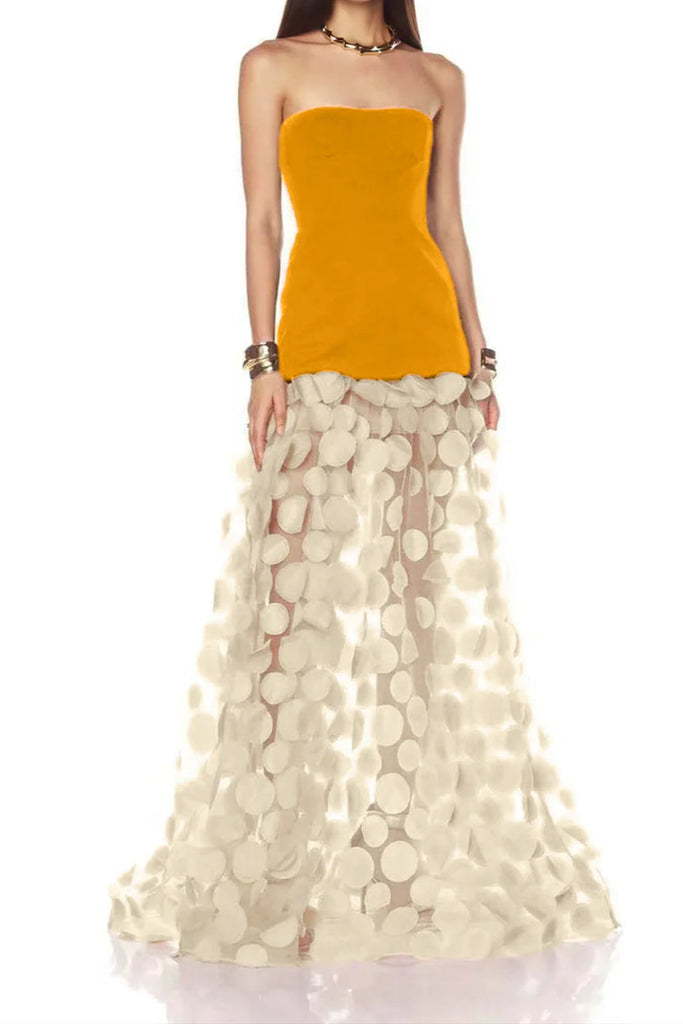 Shop  orange dress - Perfect for special occasions | Nodin Strapless Dot Mesh Maxi Dress in orange