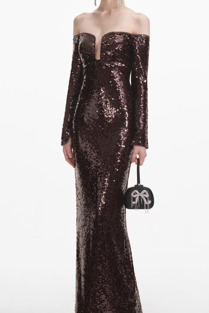 Stylish brown dress | long sleeve sequin maxi dress in brown - Ideal for special occasions