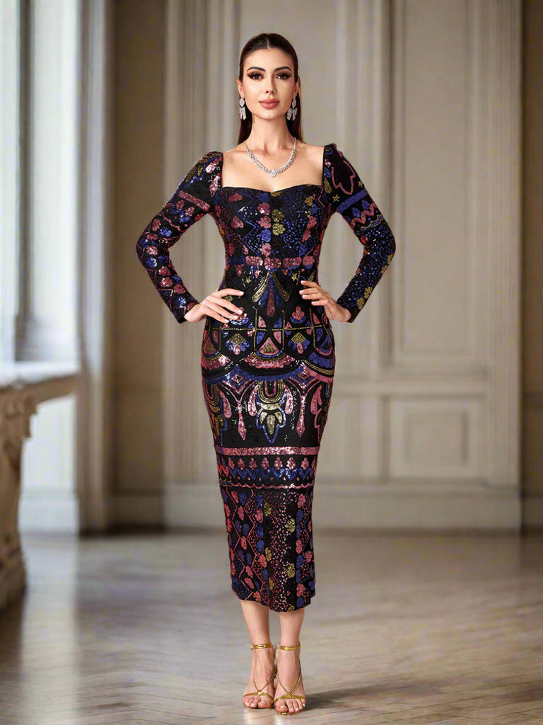 Stylish beautiful dress | Square Neck Long Sleeve Split Sequin Dress - Ideal for special occasions