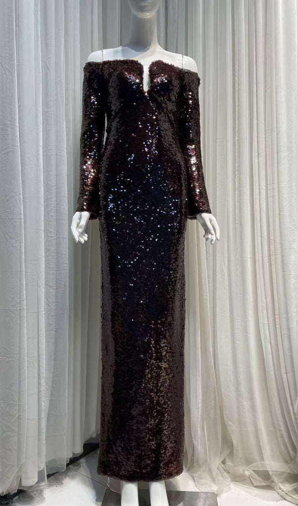 Stylish brown dress | long sleeve sequin maxi dress in brown - Ideal for special occasions