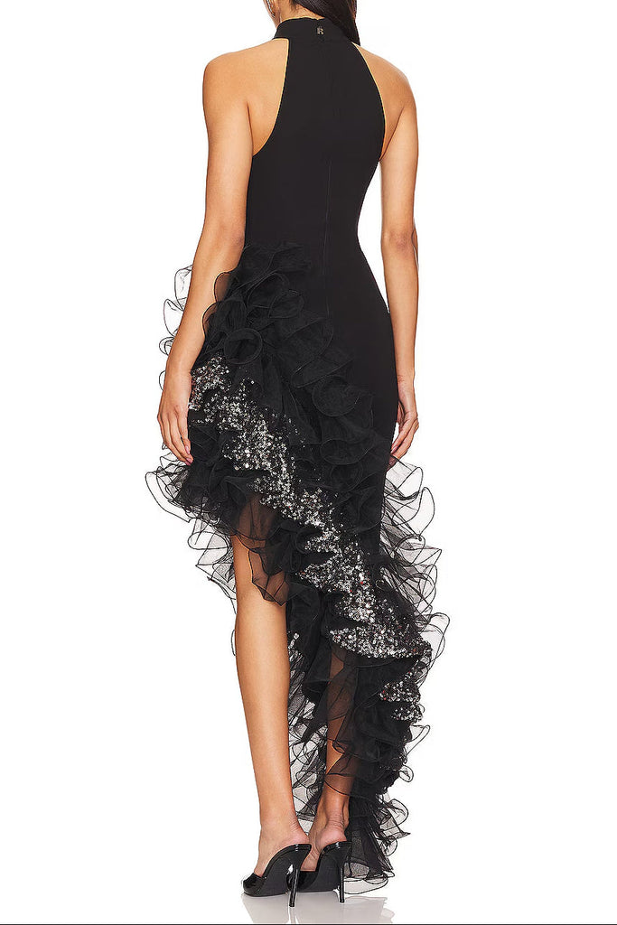 Shop  black dress - Perfect for special occasions | gwendolyn halter sleeveless Sequin Ruffle trim maxi dress in black