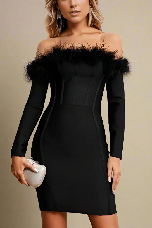 Stylish black dress | Erin Long Sleeve Off Shoulder Bandage Mini Dress - Classic Black - Ideal for special occasions